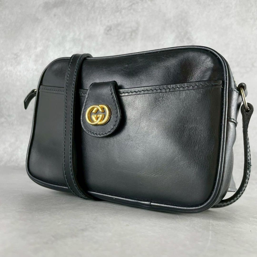 Gucci GG Leather Shoulder Bag Black Gold Hardware Preowned Authentic