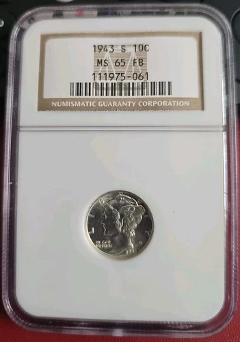 1943 S NGC MS65FB Mercury Dime 10c US Mint - Silver Better 1943-S MS-65 FB 