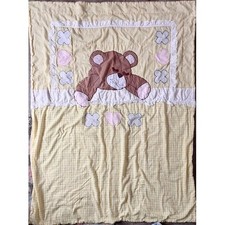 Vintage Teddy Bear sleeping yellow gingham blanket