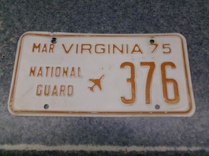 Virginia 1975 National Guard License Plate 376 White Orange Embossed Jet