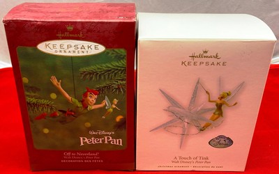 Lot of 2 Hallmark Keepsake Peter Pan Ornaments-Off to Neverland & Touch of Tink