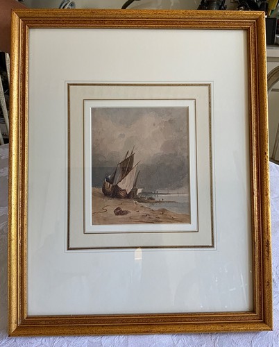 British Watercolor Beached Fishing Boats near Hastings c. 1830-  Poss.James Webb - Picture 10 of 12