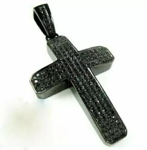 2Ct Round Cut Lab Created Black Diamond Cross Men's Pendant 925 Sterling Silver - Picture 3 of 5