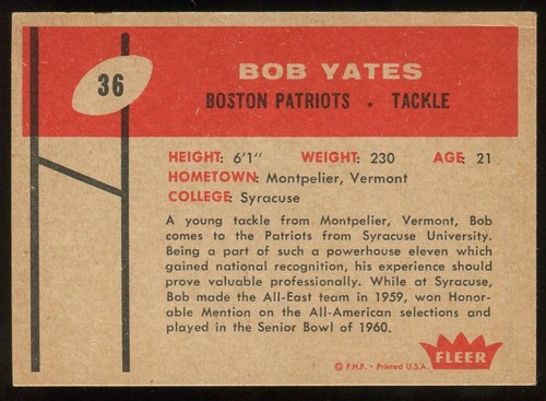 1960 Fleer #36 Bob Yates Boston Patriots - Rookie Card - Picture 2 of 2