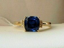 2 Ct Cushion Cut Simulated Blue Sapphire Engagement Ring 14k Yellow Gold Plated.
