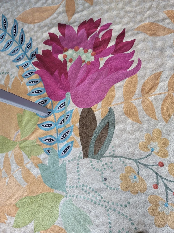 Tapete bordado RUG floral indiano de lã costurada com corrente 5x7 creme colorido - Imagem 4 de 4