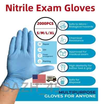 2000 PCS Gloves Disposable 4 Mil Blue Nitrile Exam Glove Powder Free S/M/L/XL