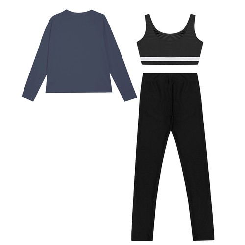 Kids Girls T-Shirt Dancewear Leotard Vest Sports Set Contrast Color Activewear - Picture 12 of 59