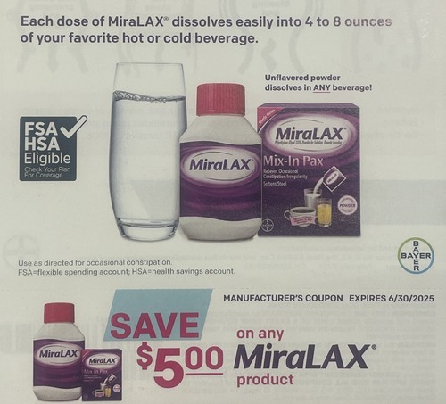 MiraLAX $5 Off Any MiraLAX Product Coupon Lot Of 10 Expires 6/30/25 Big ...
