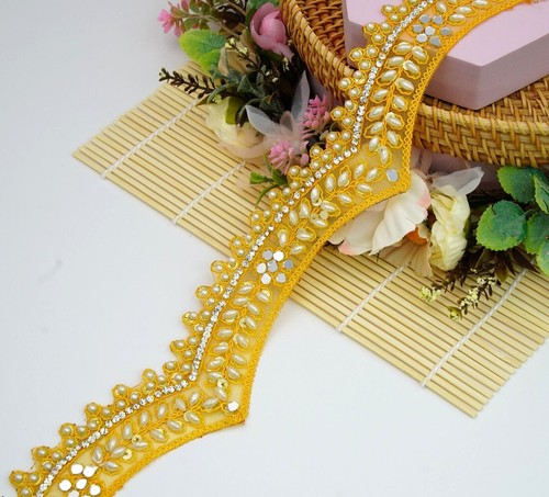 1 Yarda Festoneado Colorido Encaje Adorno Piedra Perla y Kundan Coser - Imagen 46 de 52