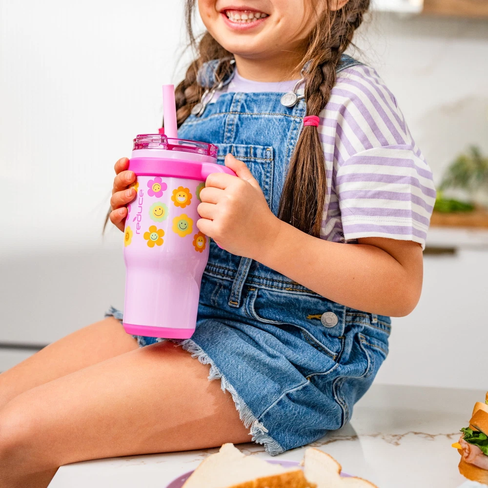 Tumbler with Spill-Proof Straw & Handle. Insulated Stainless Steel 18 oz