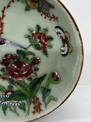19th c Chinese Export Canton Rose Birds Flowers Butterfly Celadon Plate 8 - Picture 5 of 11