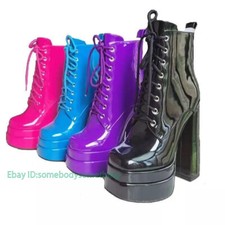 Women Platform Ankle Boots Square Toe Patent Leather High Chunky Heels Shoes