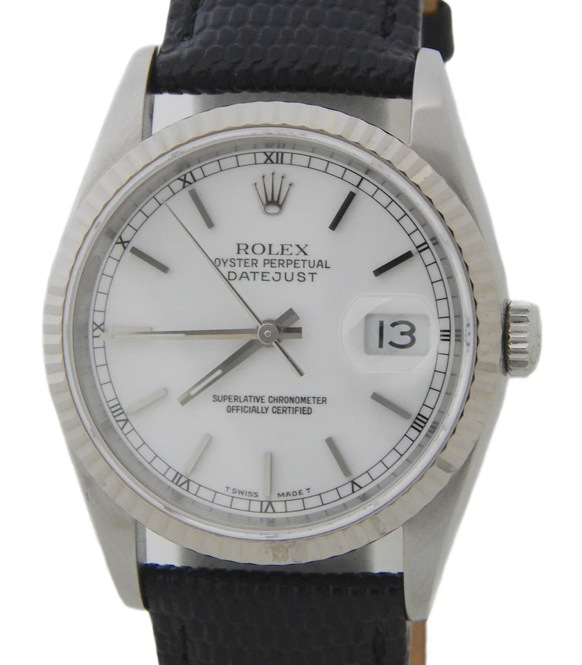 Rolex Datejust para Hombres Acero Inoxidable Oro Blanco 18K Jubileo Blanco Sin Agujeros 16234