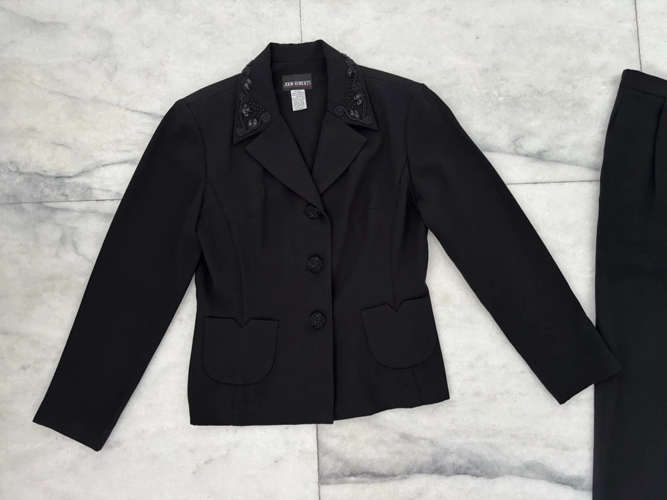 Traje De Colección John Roberts Negro Cuentas Chaqueta Pantalones Conjunto Mujer 8 Oficina Formal Foto 3 de 4