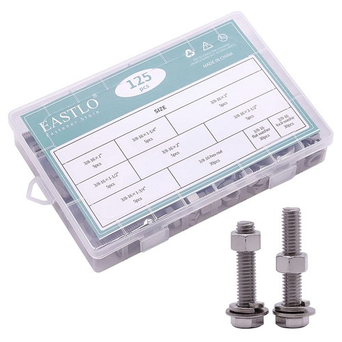 UNC 3/8 (125 PCS) Stainless Steel Hex Bolts with Nut, Flat Washer and Lock Wa... - Picture 6 of 7