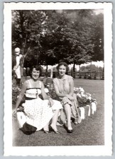Vtg B&W Snapshot Two Women Sitting In Garden 1950s