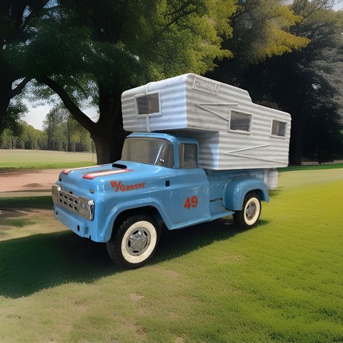 VTG BUDDY L PICKUP TRUCK W/METAL CAMPER PRESSED STEEL 1960s