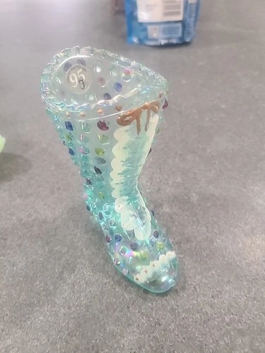 95TH Anniv Frank Fenton Turquoise Hobnail Hand Painted by M. Nutter Glass Boot