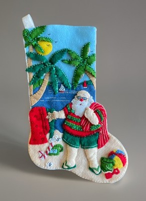 Vintage Bucilla Felt Applique 16 Finished Tropical Beach Hawaii Santa Stocking