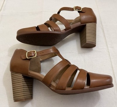 Clarks Ciera Gull Mary Jane Block Heel Leather Caramel Brown Sandals Shoe 9.5/41