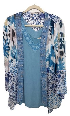 Soft Surroundings XS Bluebell Kimono Cardigan&Tank Set Blue Floral Boho Beaded