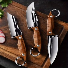 3pcs Multipurpose Fixed Blade Knife Set, Wooden Handle Ring Knives for Kitchen