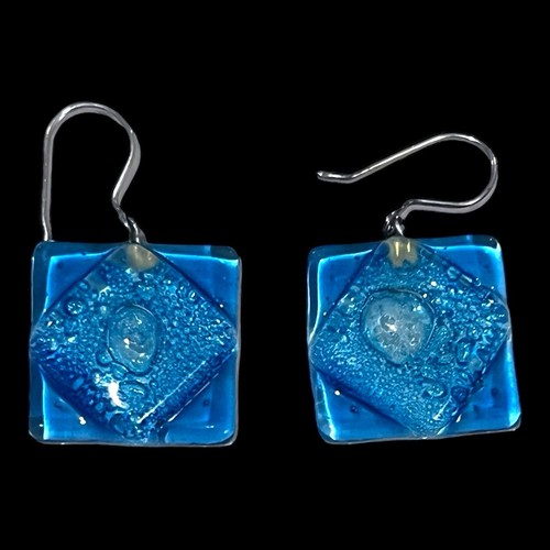 Handcrafted Dimensional Ocean Blue Fused Dichroic Glass Earrings 925 French Wire - Picture 4 of 5