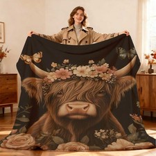1pc UltraSoft Flannel Throw Blanket Highland Cow with Floral Crown Roses, T