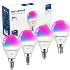 E12 Smart Light Bulbs, 50W Equivalent, RGBCW, WiFi/Bluetooth, 4-Pack