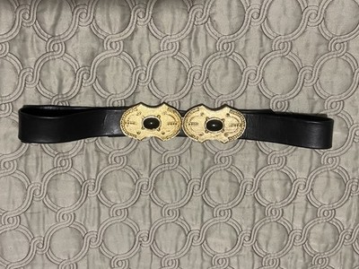 Vintage 80s GAY BOYER belt Leather Deco Gold Tone Faux Black  display picture 3