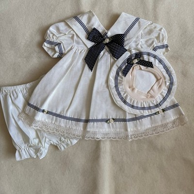 Vintage 90s Poly Kids 3-Piece Bloomers Set Girls 6M Beige Navy Blue Bow