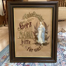 Antique Victorian German Punch Paper Religious Framed Needlework,Virgin Mary