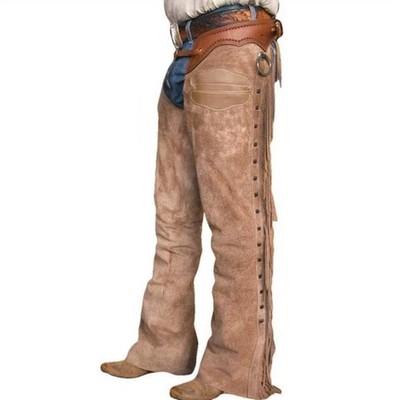 Men Native American Western Cowboy Chap Fringes Suede Leather Pant Riding Chaps