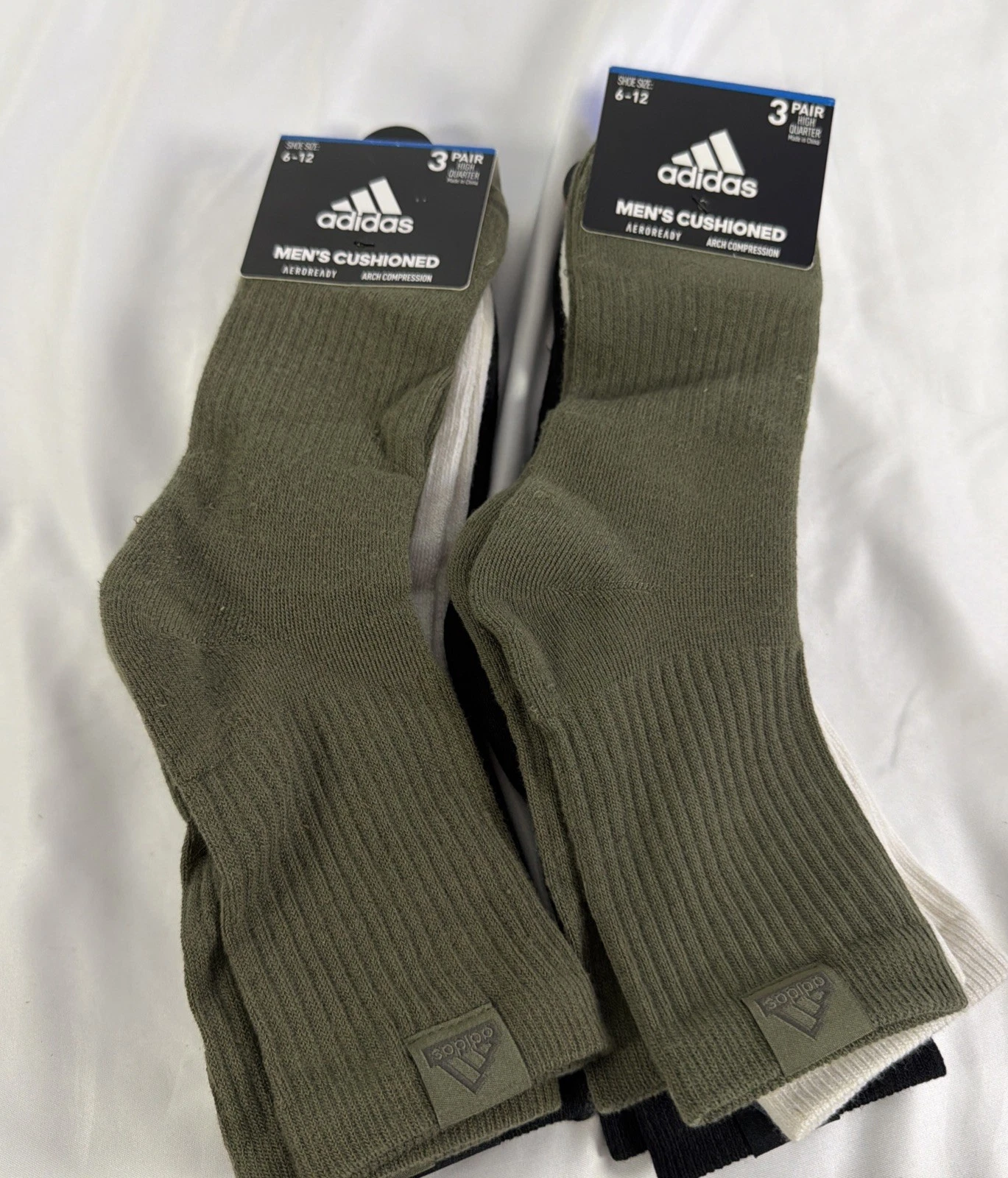 Adidas Mens Crew Socks 6 Pairs Cushioned Aeroready Green Beige Black Size 6-12