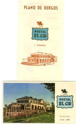 2 Hostal El Cid Brochure & Burgos Map Spain 1960's