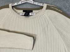 VTG Calvin Klein Jeans Sweater Mens XL Beige Ribbed Crewneck Cotton Logo Y2K