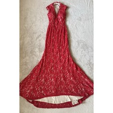 Aidan Mattox Red Lace Gown Formal Evening Dress V Neck US 2