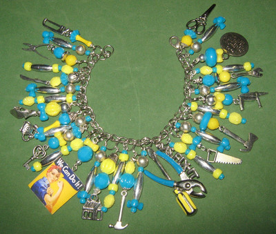 ''MS FIX IT''- TOOL WOMAN- OOAK ALTERED ART CHARM BRACELET- YELLOW & TURQUOISE