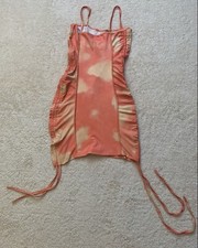 clothing women Dress Small Orange Ruched Short Spaghetti Straps Drawstring Sides