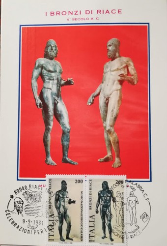 bronzi di riace maxi cartolina con 2 francobolli e due annulli primo giorno - Foto 2 di 11