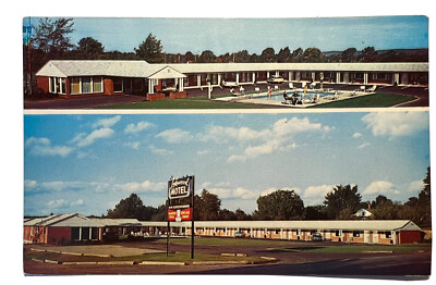 1950's JAMESTOWN  NY LAKEWOOD MOTEL Dual-View Postcard Heated Pool B3