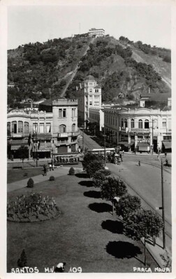 SANTOS, BRAZIL, PRACA MAUA STREET, TROLLEY OVERVIEW, REAL PHOTO PC c 1930-40's