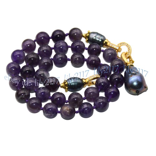 Natural Amethyst Purple Gems Beads Black Keshi Baroque Pearl Pendant Necklace - Picture 4 of 10