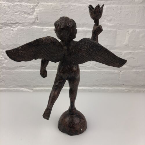 Torcia porta Cherubino Cupido in metallo vintage su base 11" x 7,5" x 3" ali angelo Cupido - Foto 5 di 9