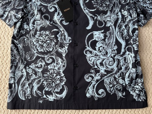 NWT Versace Barocco Stencil Logo Navy Button Down Camp Shirt Sz 48 US 15.5 $1450 - Picture 14 of 24