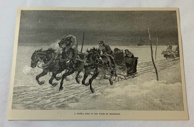 1889 magazine engraving ~  TROIKA RIDE TO FORTS OF CRONSTADT in Russia