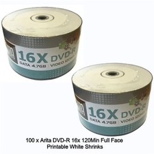 100 x Arita Ritek DVD-R 16x Full INKJET Printable 4.7GB 120 mins Blank DVD Discs