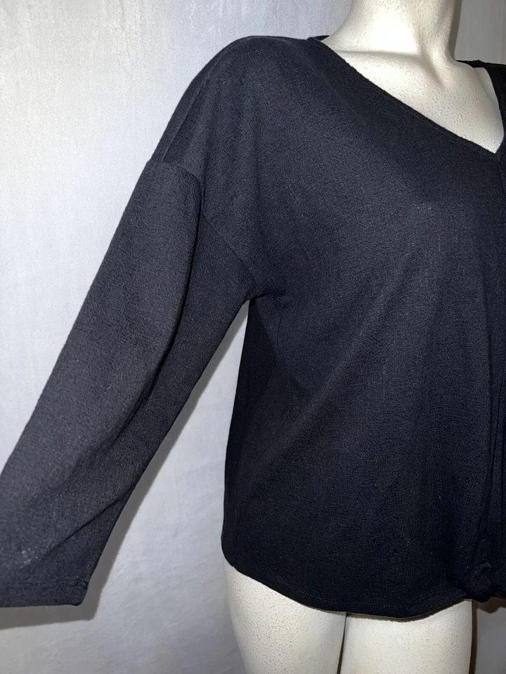 Talbots Top Women's Size XLP Black V-neck 3/4 Sleeve Blouse w/Tie Strap Hem - Image 3 of 4