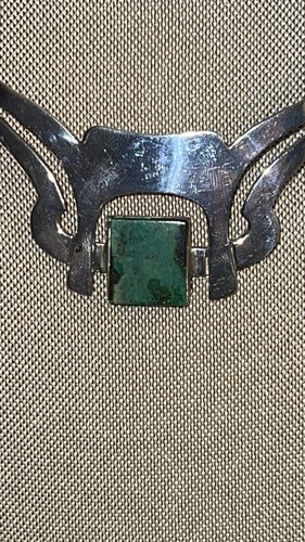 Unique Mexican Geometric Necklace/Choker Sterling Silver 925 Green Malachite 49g - Picture 4 of 10